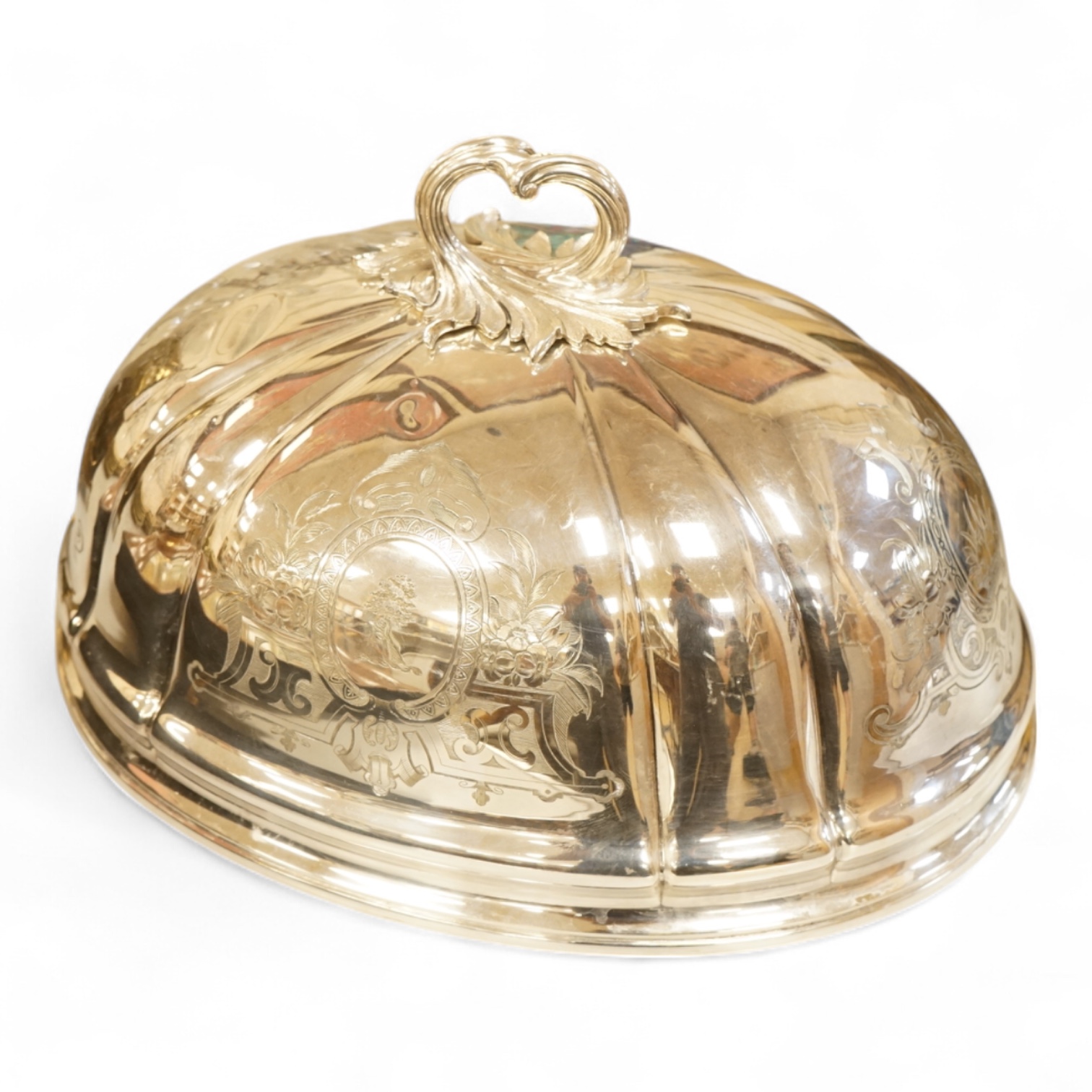 A Victorian engraved electroplate meat dish cover, 38cm wide